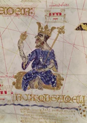 Kankou Mousa, koning van Mali, van de kaart van Karel V, kaart van Mecia de Viladestes, een portulan van Europa en Noord-Afrika, 1413